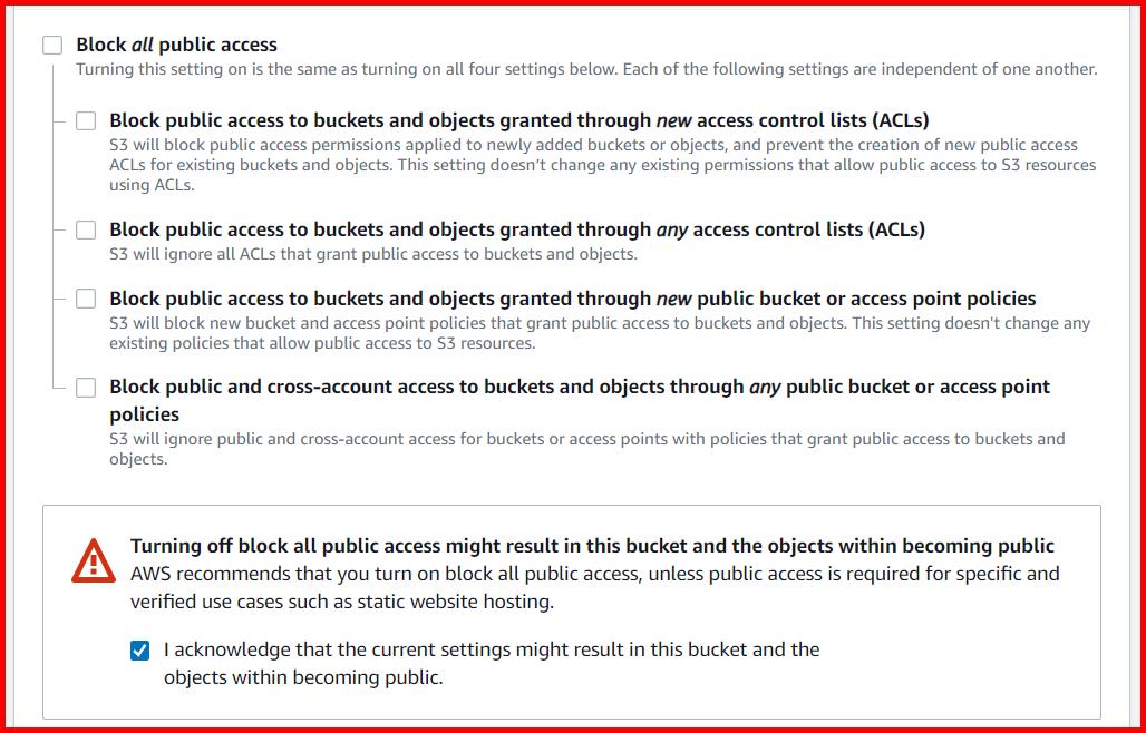 Picture showing unchecking the checkbox Block all public access to make bucket public
